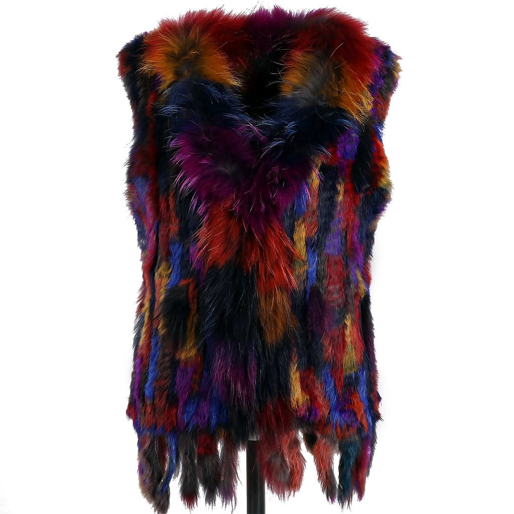 BOONJOVIA Women's 100% Real Rabbit Fur Knitted Vest Raccoon Fur Trim Collar Gilet Lady Fashion Waistcoat For Autumn Winter