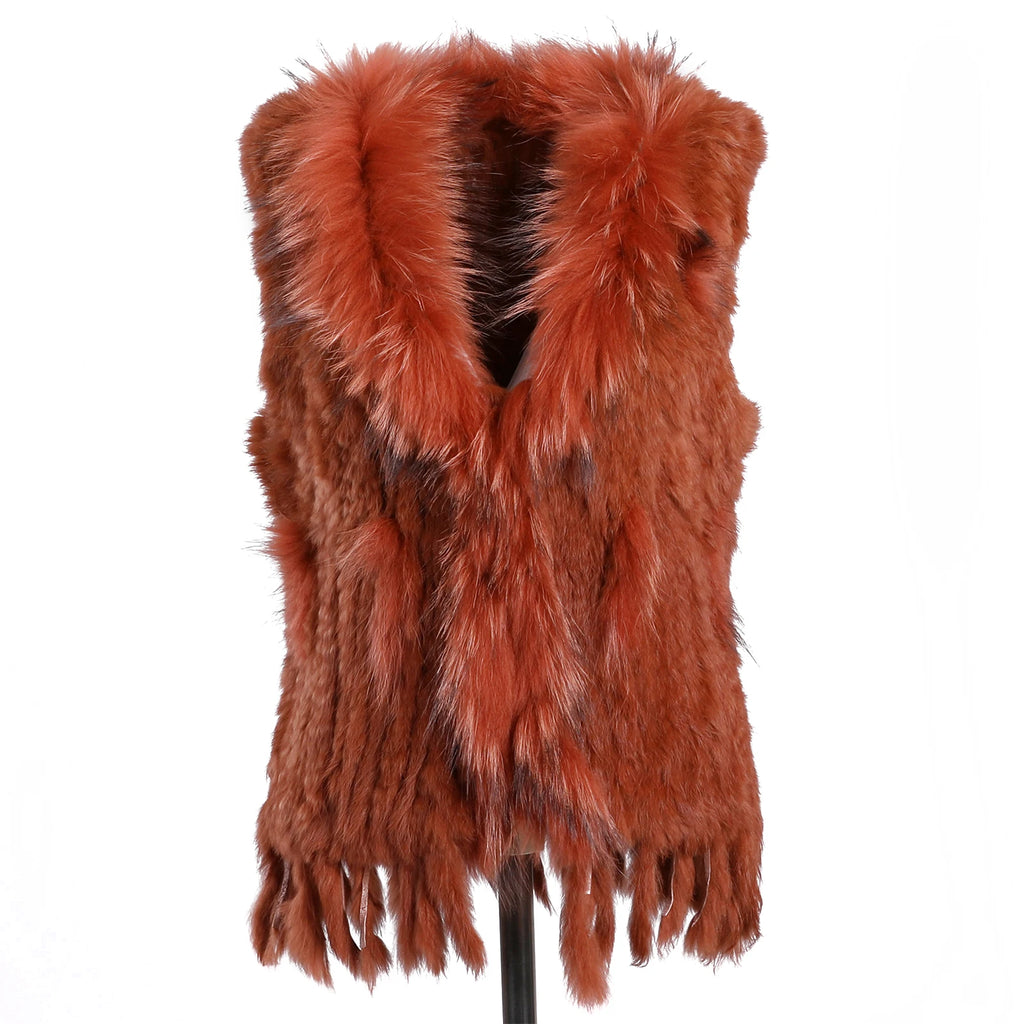 BOONJOVIA Women's 100% Real Rabbit Fur Knitted Vest Raccoon Fur Trim Collar Gilet Lady Fashion Waistcoat For Autumn Winter