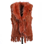 BOONJOVIA Women's 100% Real Rabbit Fur Knitted Vest Raccoon Fur Trim Collar Gilet Lady Fashion Waistcoat For Autumn Winter