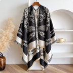 Poncho réversible effet cachemire à motif floral - Noir