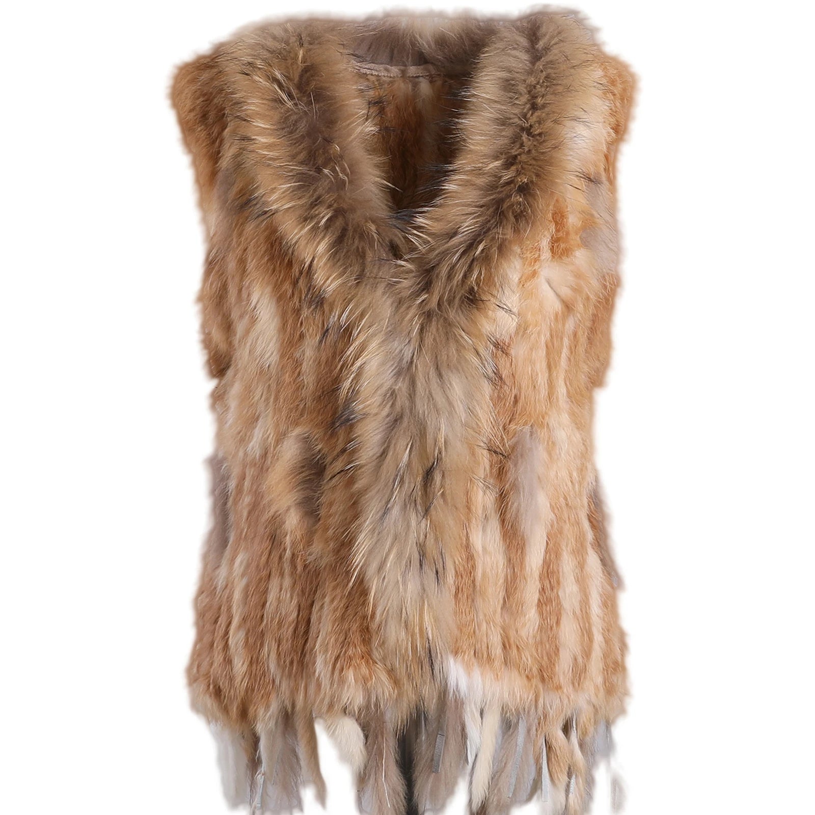 BOONJOVIA Women's 100% Real Rabbit Fur Knitted Vest Raccoon Fur Trim Collar Gilet Lady Fashion Waistcoat For Autumn Winter