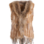 BOONJOVIA Women's 100% Real Rabbit Fur Knitted Vest Raccoon Fur Trim Collar Gilet Lady Fashion Waistcoat For Autumn Winter