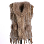 BOONJOVIA Women's 100% Real Rabbit Fur Knitted Vest Raccoon Fur Trim Collar Gilet Lady Fashion Waistcoat For Autumn Winter