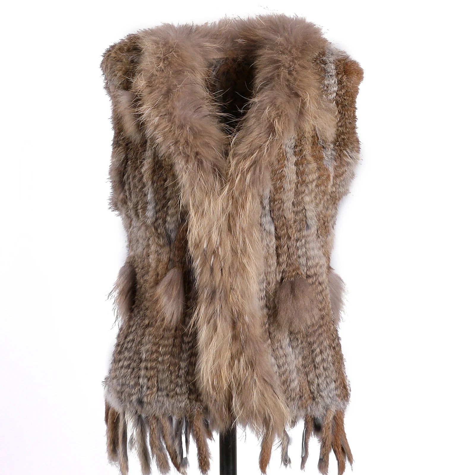 BOONJOVIA Women's 100% Real Rabbit Fur Knitted Vest Raccoon Fur Trim Collar Gilet Lady Fashion Waistcoat For Autumn Winter