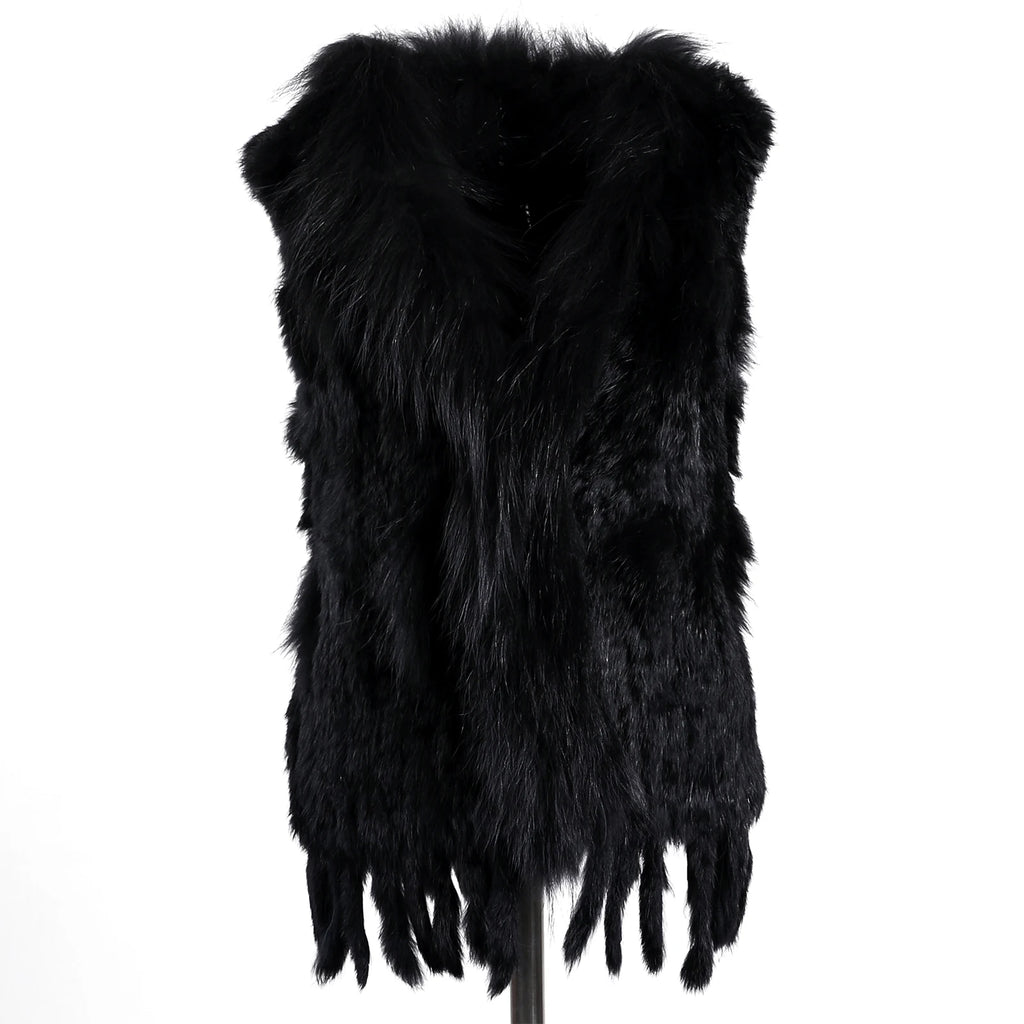 BOONJOVIA Women's 100% Real Rabbit Fur Knitted Vest Raccoon Fur Trim Collar Gilet Lady Fashion Waistcoat For Autumn Winter