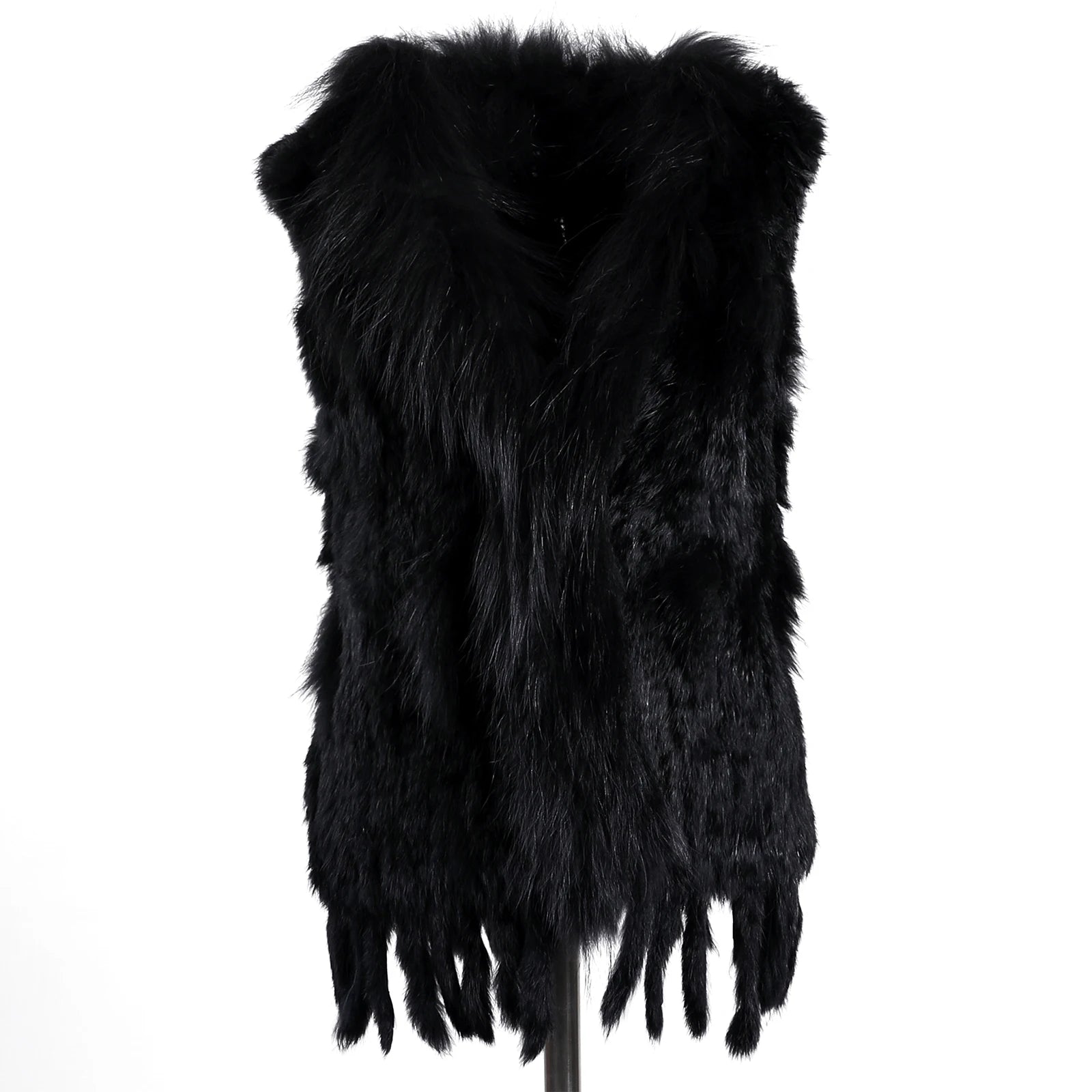BOONJOVIA Women's 100% Real Rabbit Fur Knitted Vest Raccoon Fur Trim Collar Gilet Lady Fashion Waistcoat For Autumn Winter