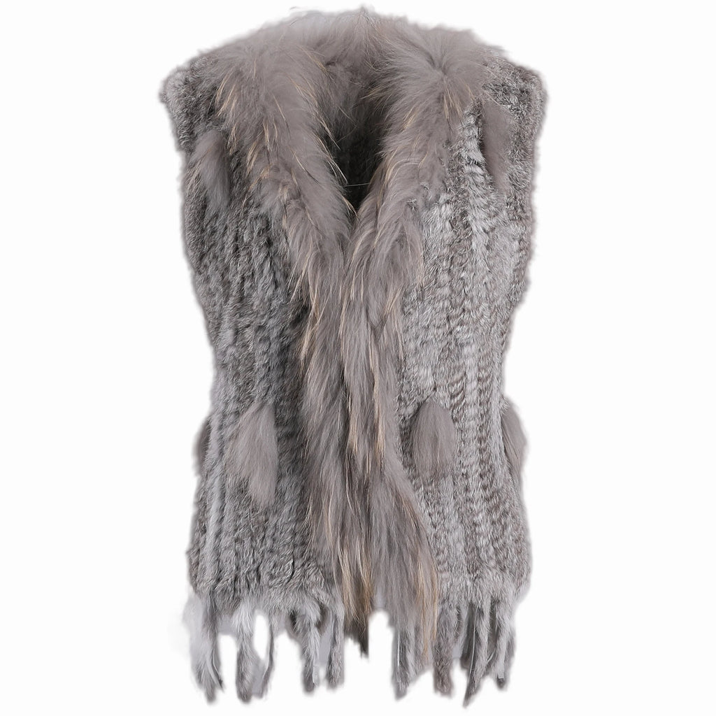 BOONJOVIA Women's 100% Real Rabbit Fur Knitted Vest Raccoon Fur Trim Collar Gilet Lady Fashion Waistcoat For Autumn Winter