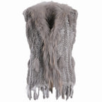 BOONJOVIA Women's 100% Real Rabbit Fur Knitted Vest Raccoon Fur Trim Collar Gilet Lady Fashion Waistcoat For Autumn Winter