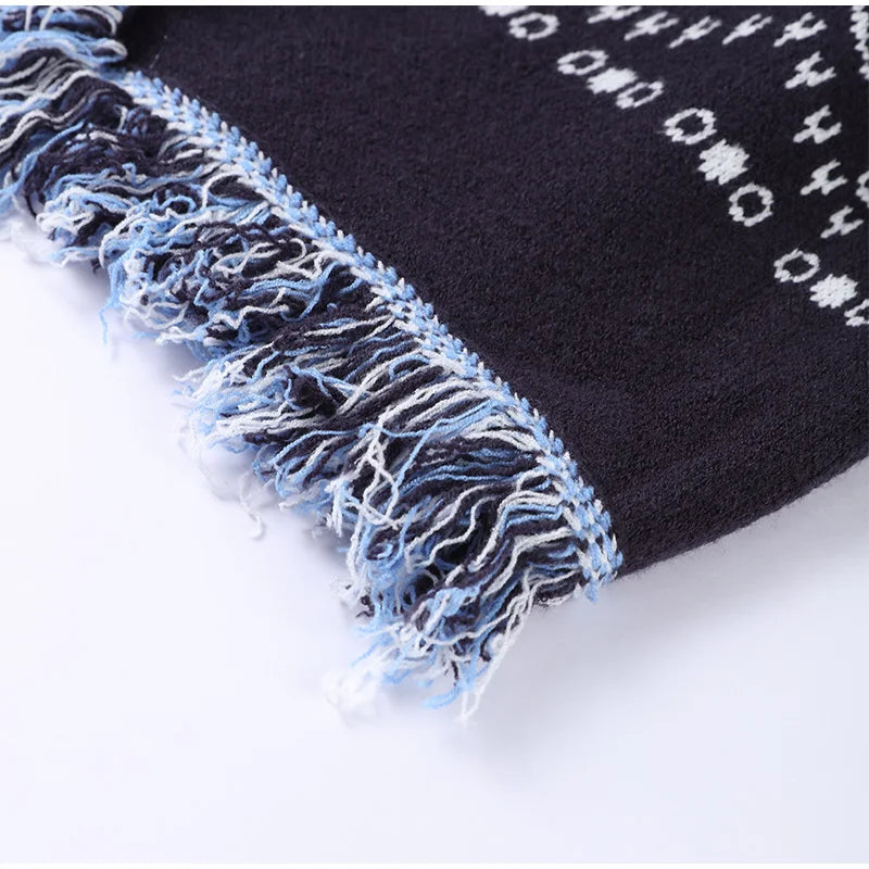 Cardigan long jacquard à franges – bleu nuit
